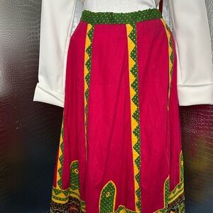 Hippie Vintage Red Green Orange Peasant Skirt with Mirrors and Embroidery